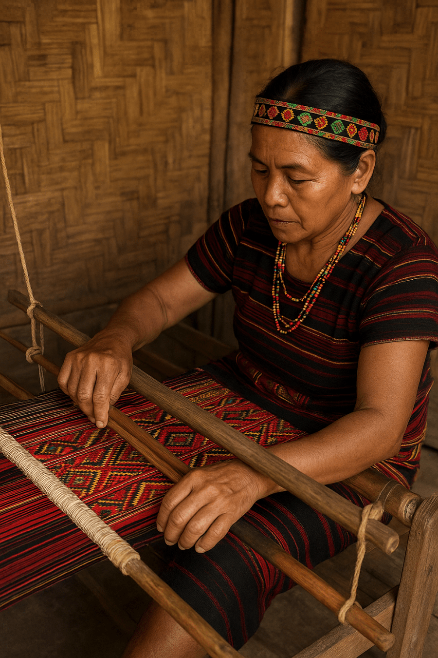 A Subanen woman weaves a vibrant traditional fabric on a wooden handloom inside a bamboo-walled hut, reflecting the artistry and heritage of her indigenous community.